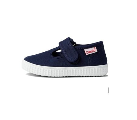 T-strap Shoes with Velcro - Navy Blue