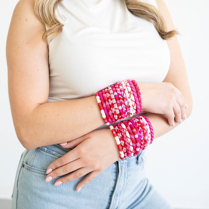 Cupid Roll-On Bracelet in pink, white and red. Colorful beaded bracelets.