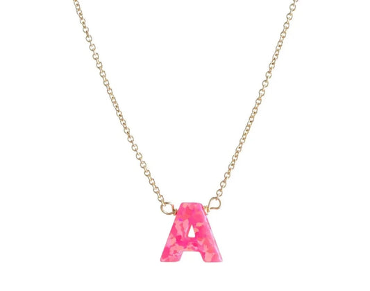 Name Initial Pink Opal Stone - Gold Necklace