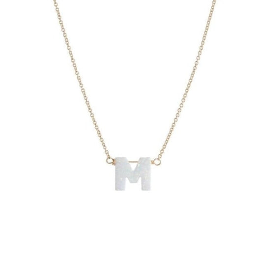 Name Initial White Opal Stone - Gold Necklace